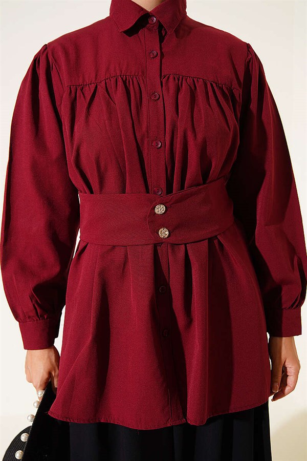 Burgundy Belted Shirt with Buttoned Cuffs