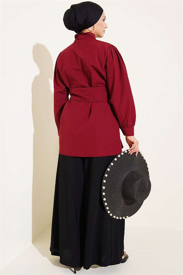 Burgundy Belted Shirt with Buttoned Cuffs