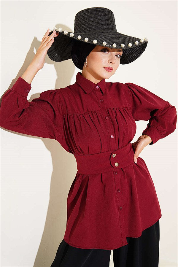 Burgundy Belted Shirt with Buttoned Cuffs