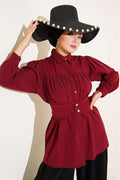Burgundy Belted Shirt with Buttoned Cuffs