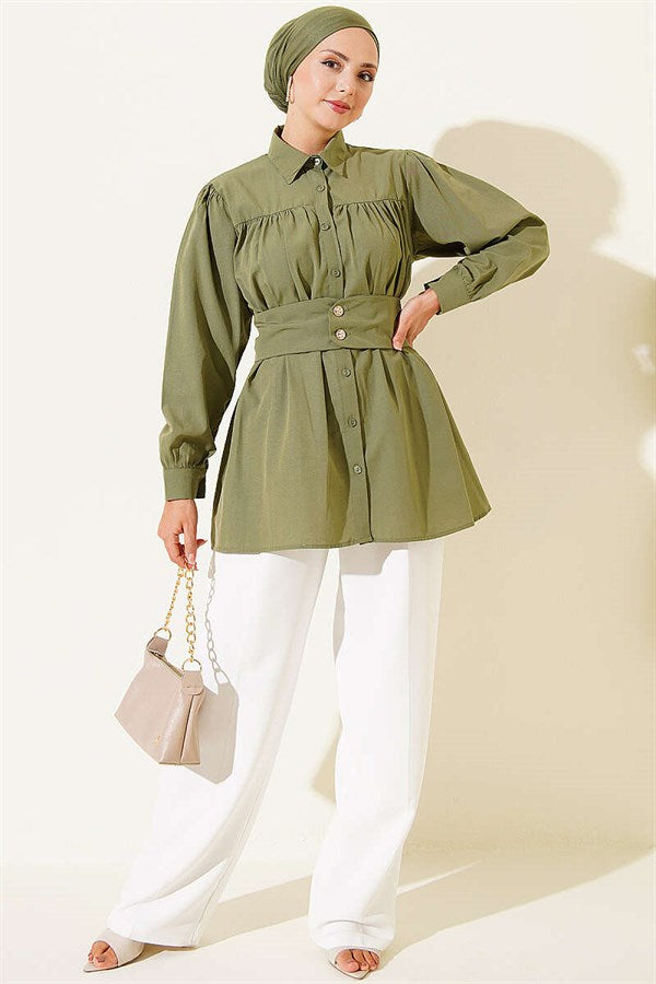 Button-Cuff Belted Shirt, Khaki