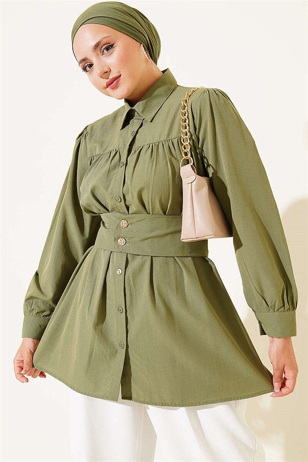 Button-Cuff Belted Shirt, Khaki