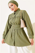 Button-Cuff Belted Shirt, Khaki