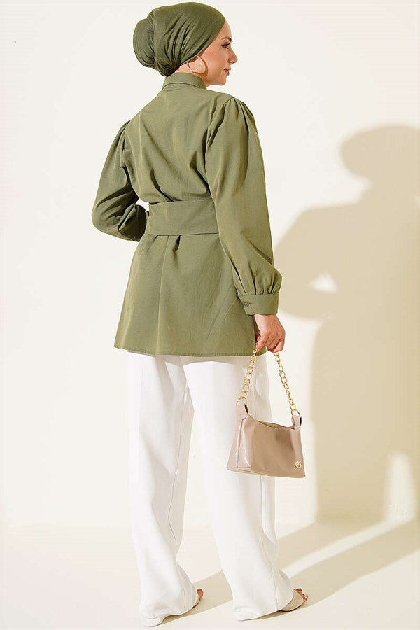 Button-Cuff Belted Shirt, Khaki