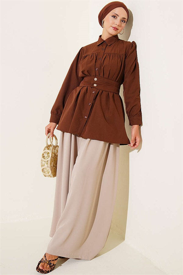 Button-Cuff Belted Shirt, Coffee