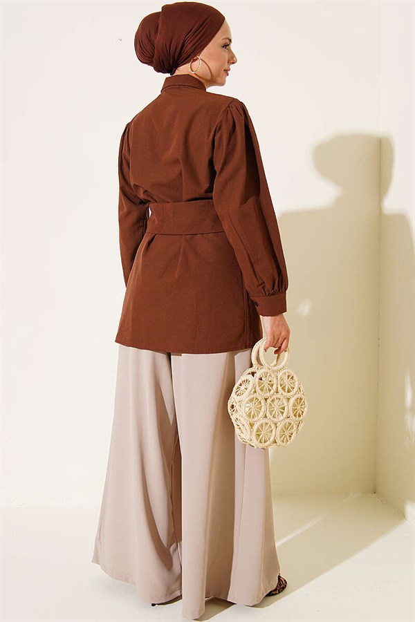 Button-Cuff Belted Shirt, Coffee