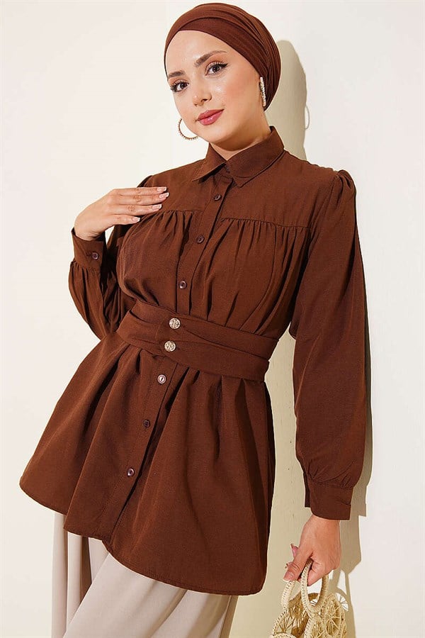 Button-Cuff Belted Shirt, Coffee