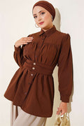 Button-Cuff Belted Shirt, Coffee