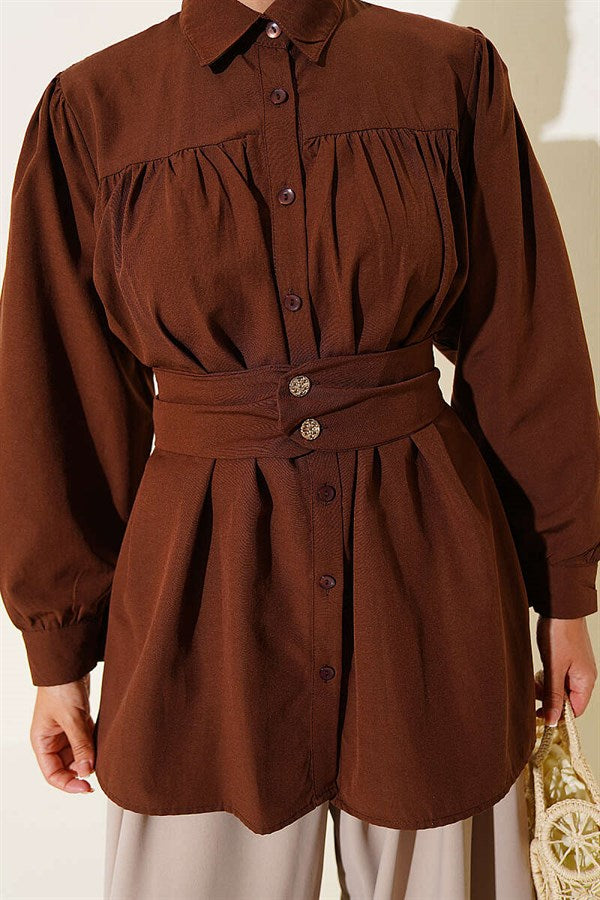 Button-Cuff Belted Shirt, Coffee