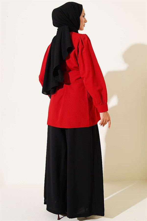Button-Cuff Belted Shirt, Red