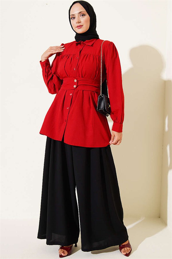 Button-Cuff Belted Shirt, Red