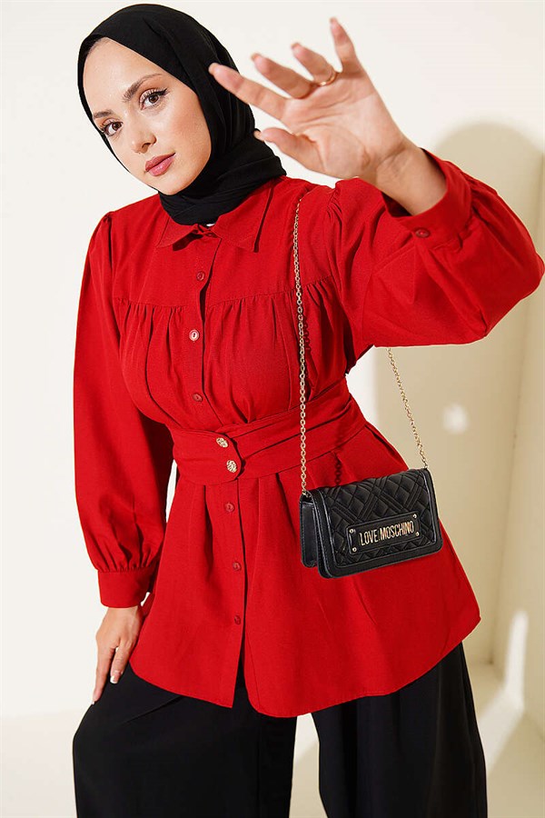 Button-Cuff Belted Shirt, Red