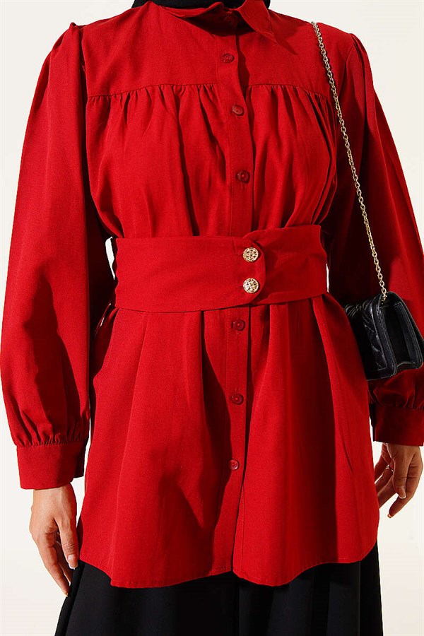 Button-Cuff Belted Shirt, Red