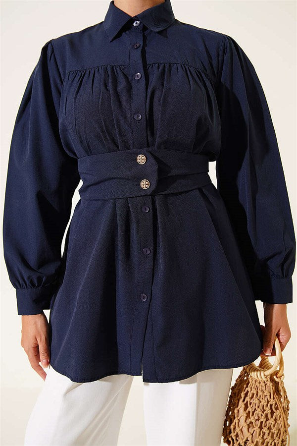 Navy Blue Belted Shirt with Buttoned Cuffs