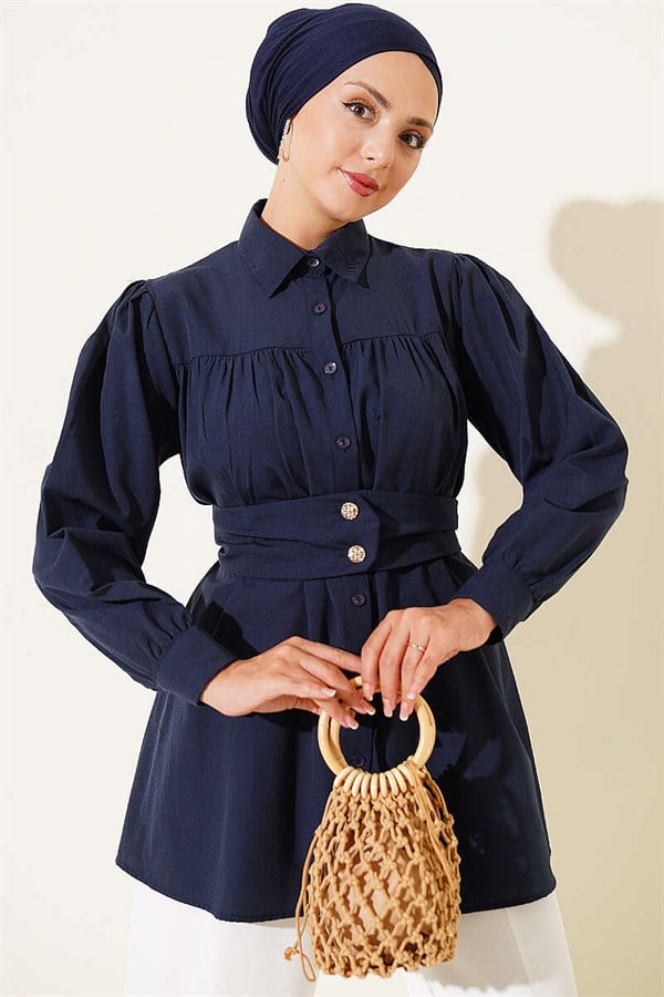 Navy Blue Belted Shirt with Buttoned Cuffs