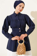Navy Blue Belted Shirt with Buttoned Cuffs