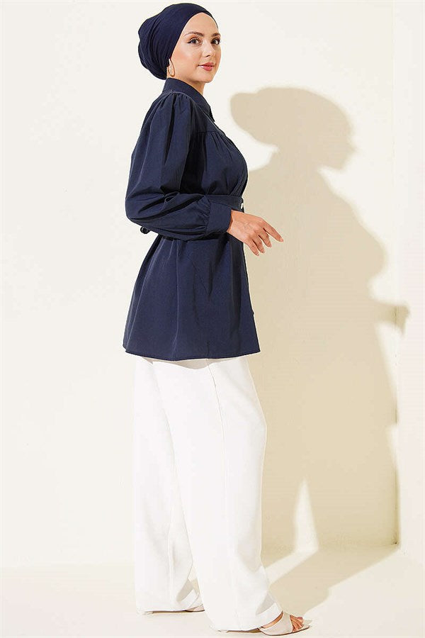 Navy Blue Belted Shirt with Buttoned Cuffs