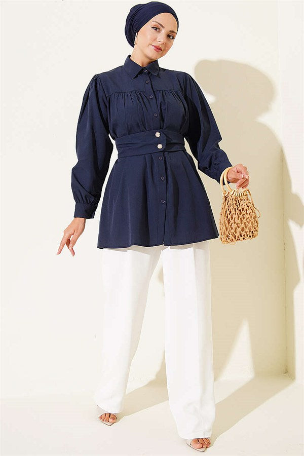 Navy Blue Belted Shirt with Buttoned Cuffs