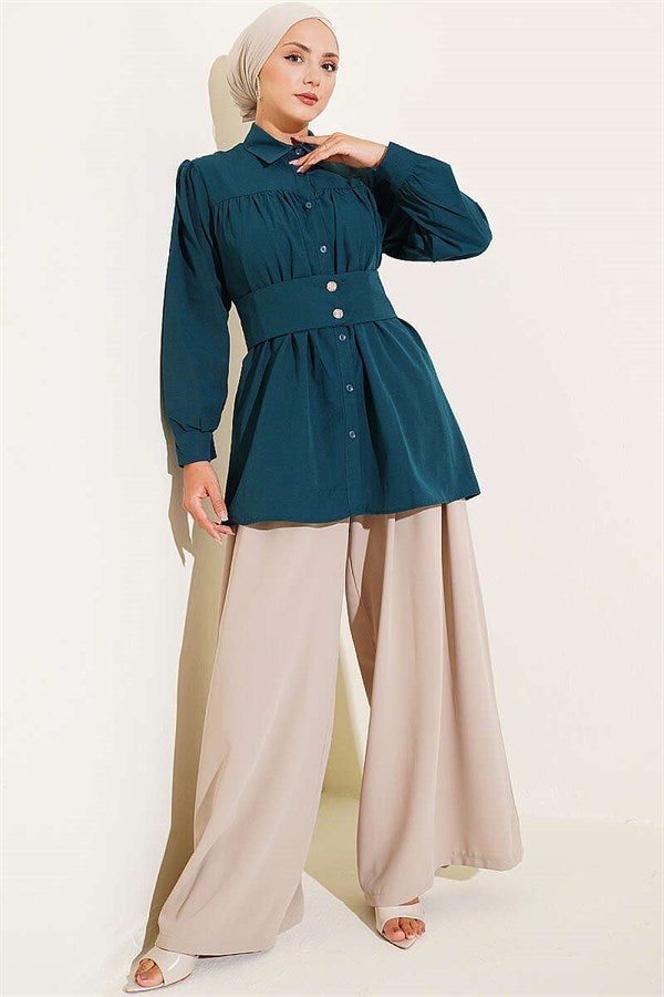 Button-down Cuff Belted Shirt Petrol