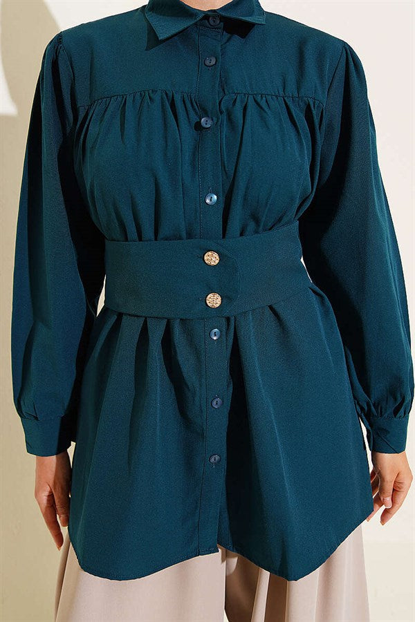 Button-down Cuff Belted Shirt Petrol