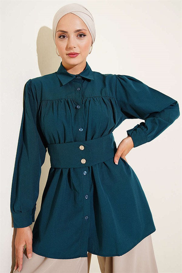 Button-down Cuff Belted Shirt Petrol