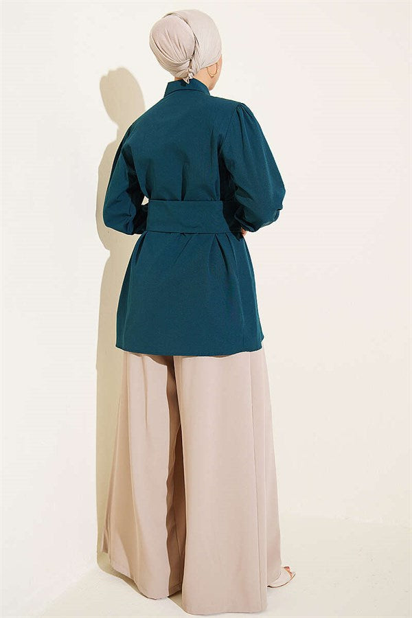 Button-down Cuff Belted Shirt Petrol