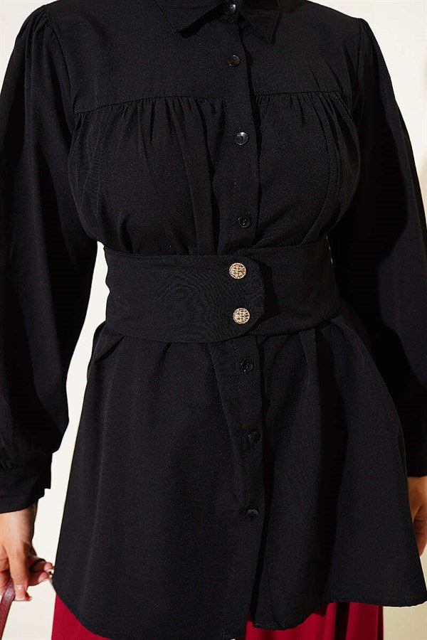 Black Belted Shirt with Buttoned Cuffs