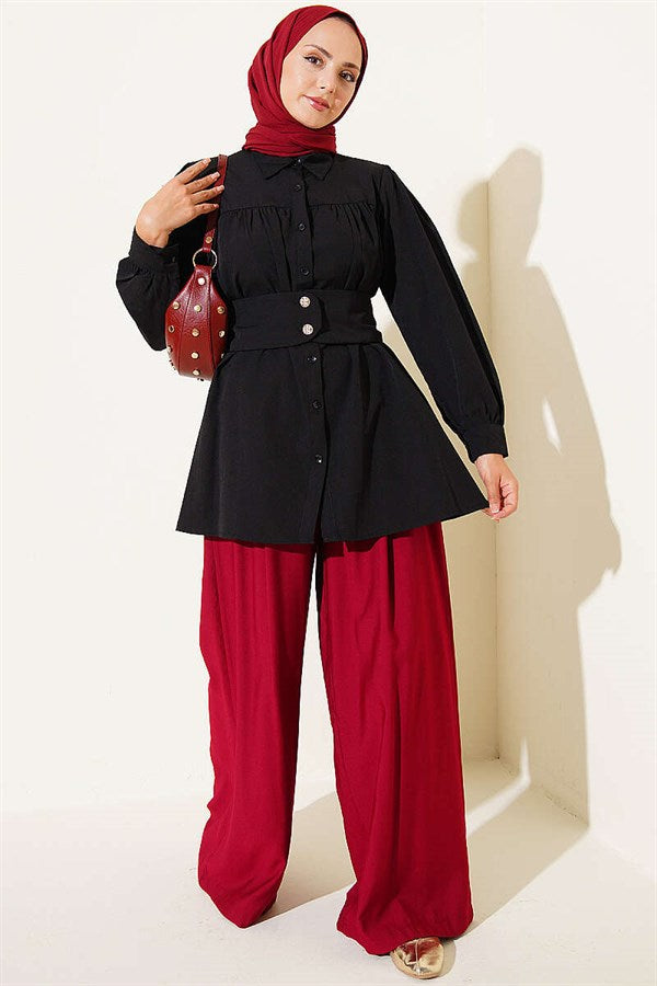 Black Belted Shirt with Buttoned Cuffs