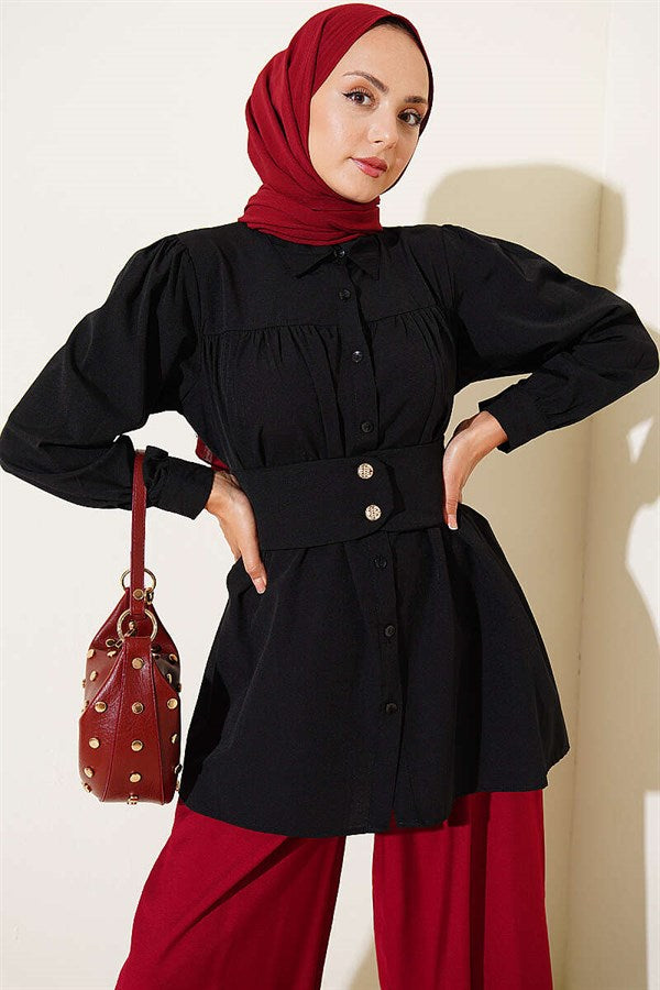 Black Belted Shirt with Buttoned Cuffs