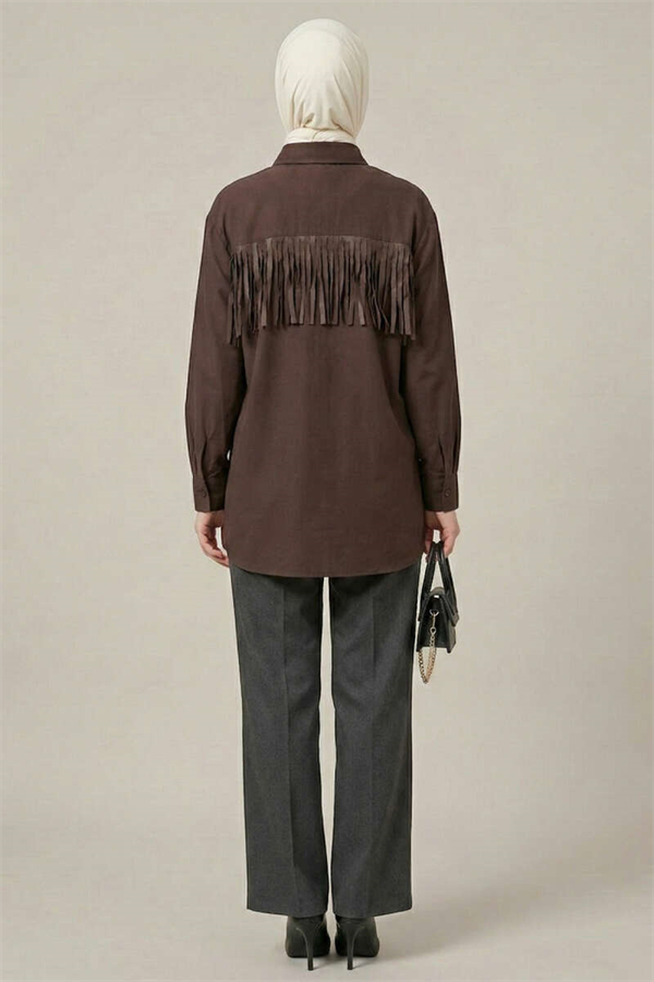 Cuff Button Tassel Shirt, Coffee