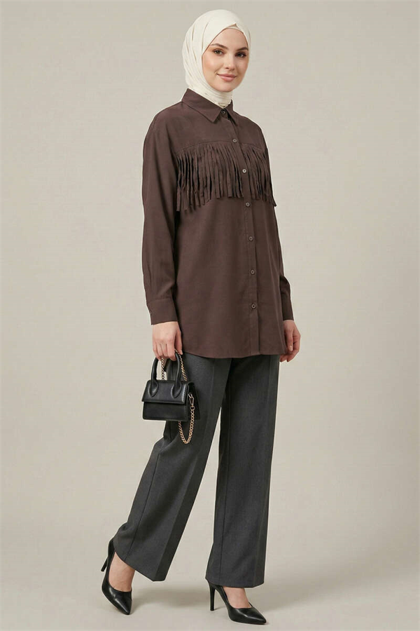 Cuff Button Tassel Shirt, Coffee