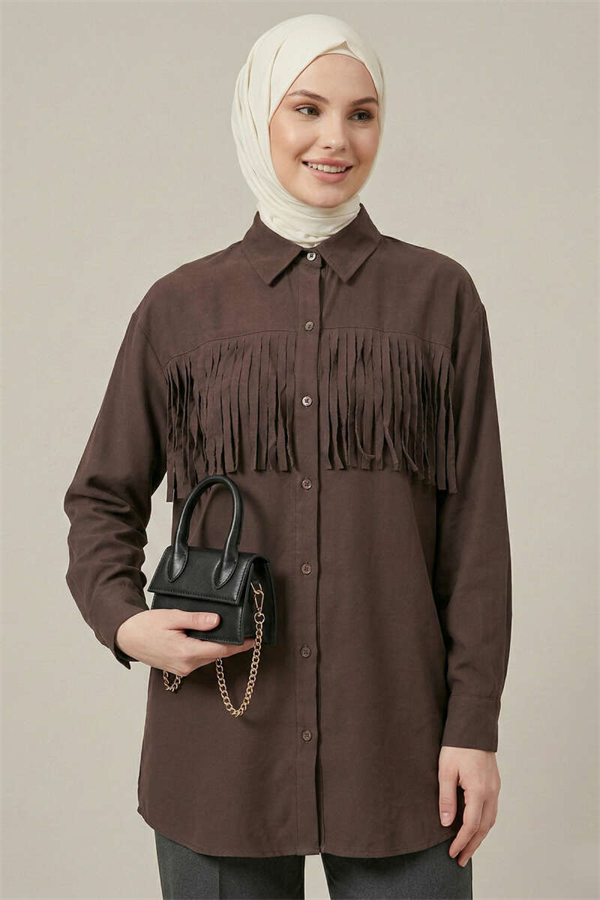 Cuff Button Tassel Shirt, Coffee