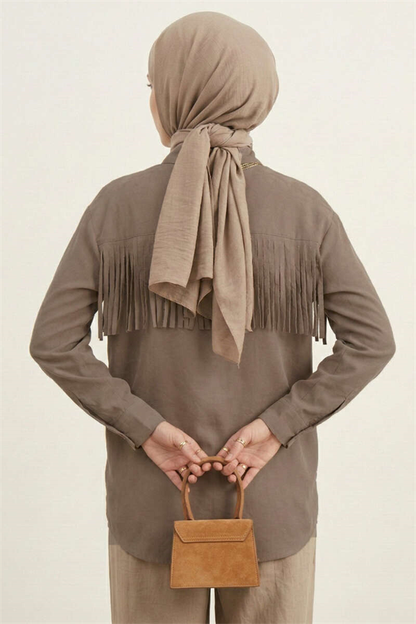 Button-Cuff Tassel Shirt, Mink