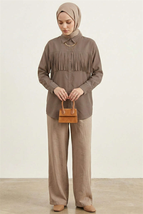 Button-Cuff Tassel Shirt, Mink
