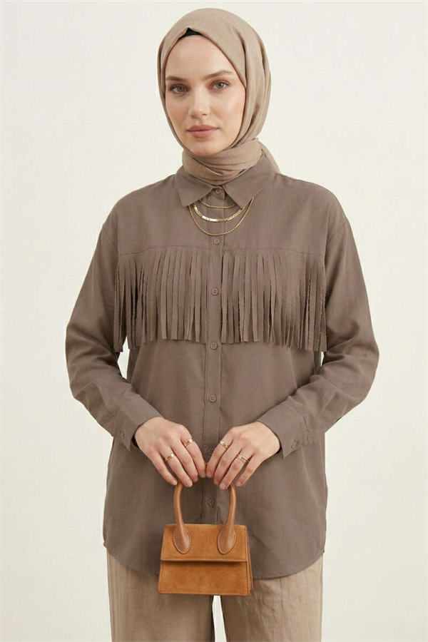 Button-Cuff Tassel Shirt, Mink
