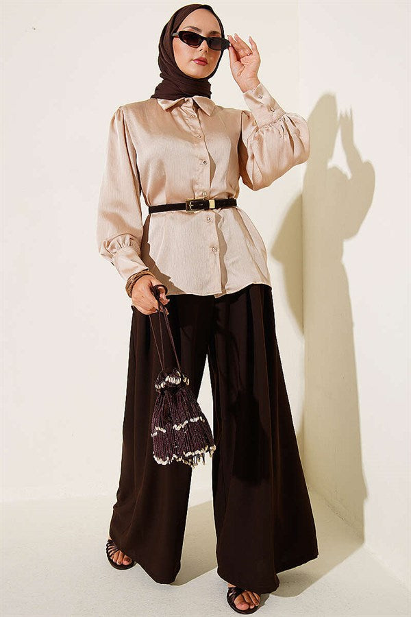 Satin Shirt with Buttoned Cuffs, Beige