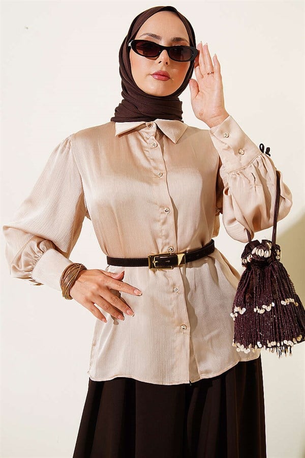 Satin Shirt with Buttoned Cuffs, Beige