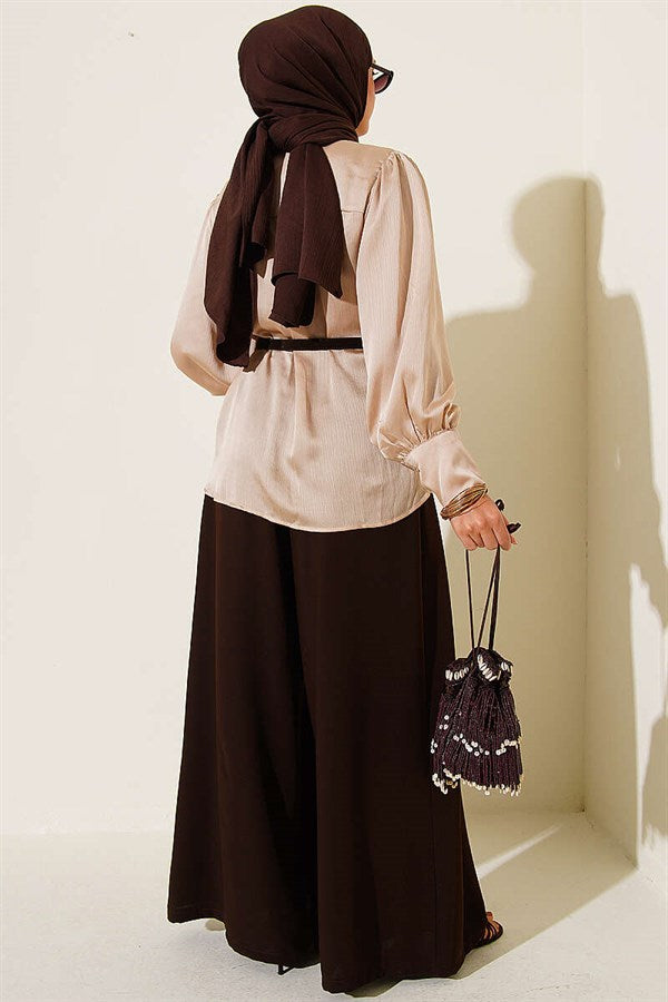 Satin Shirt with Buttoned Cuffs, Beige