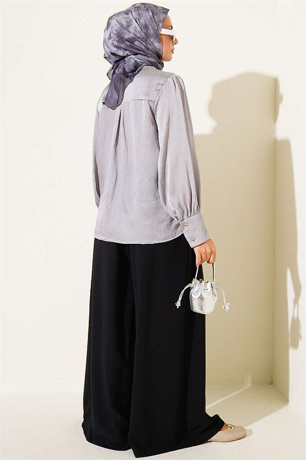 Satin Shirt with Buttoned Cuffs, Grey