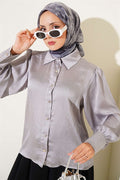 Satin Shirt with Buttoned Cuffs, Grey