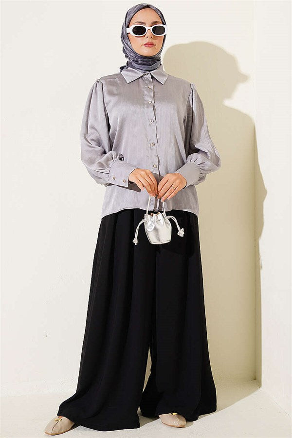 Satin Shirt with Buttoned Cuffs, Grey