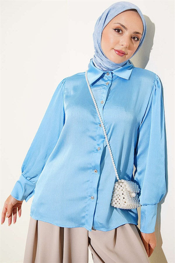 Cuff Button Satin Shirt Blue