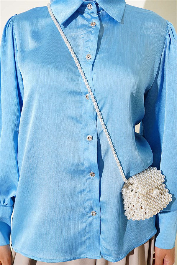 Cuff Button Satin Shirt Blue