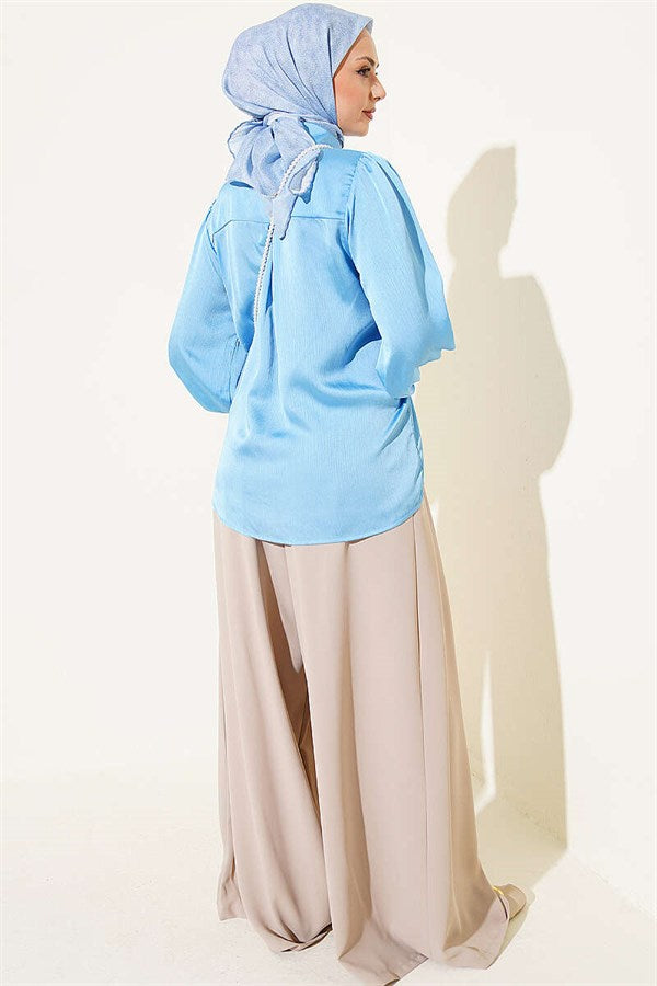 Cuff Button Satin Shirt Blue