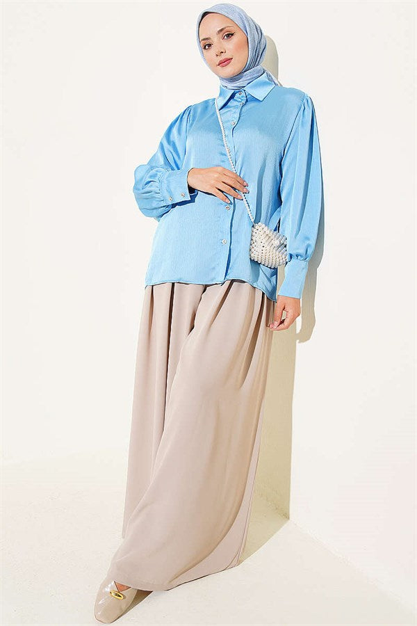 Cuff Button Satin Shirt Blue