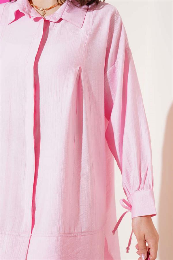 Cuff String Chest Pleated Shirt Pink