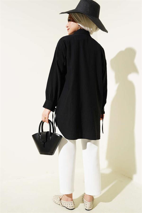 Cuffed Chest Pleated Shirt Black