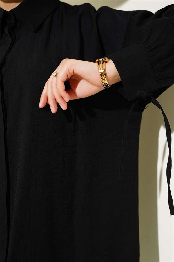 Cuffed Chest Pleated Shirt Black