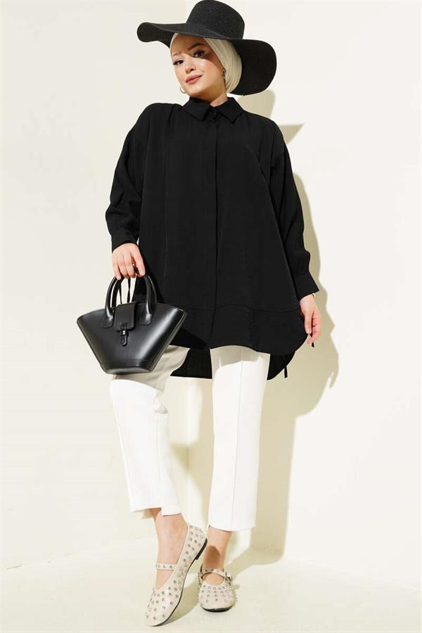 Cuffed Chest Pleated Shirt Black
