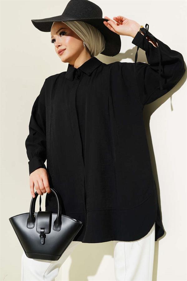 Cuffed Chest Pleated Shirt Black